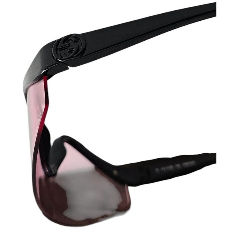 Gucci GG1650S 002 shield mask sunglass with a shiny black frame and pink bio-nylon lens