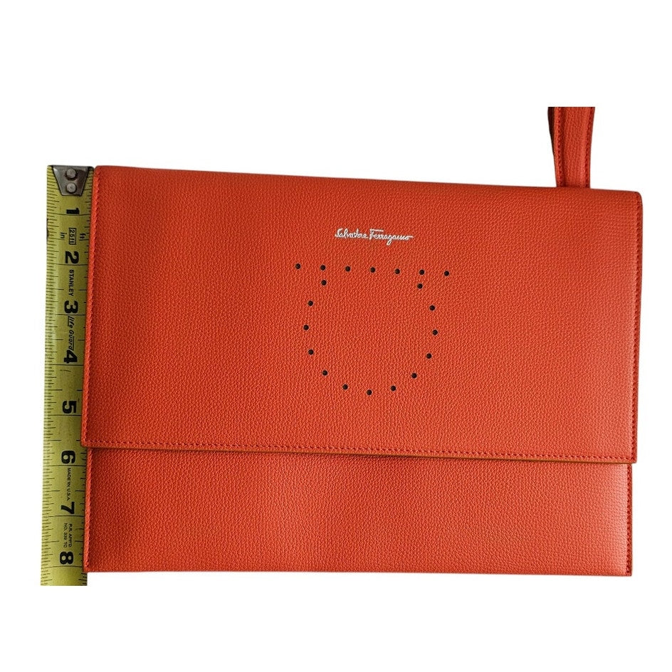 Salvatore Ferragamo Orange Pebbled Leather Clutch Bag