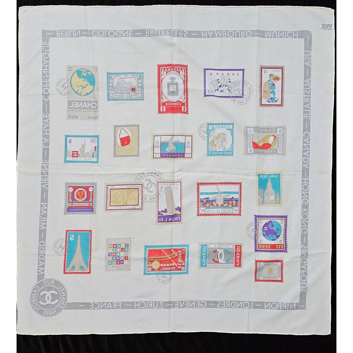 CHANEL "Stamps of the World" Silk Scarf