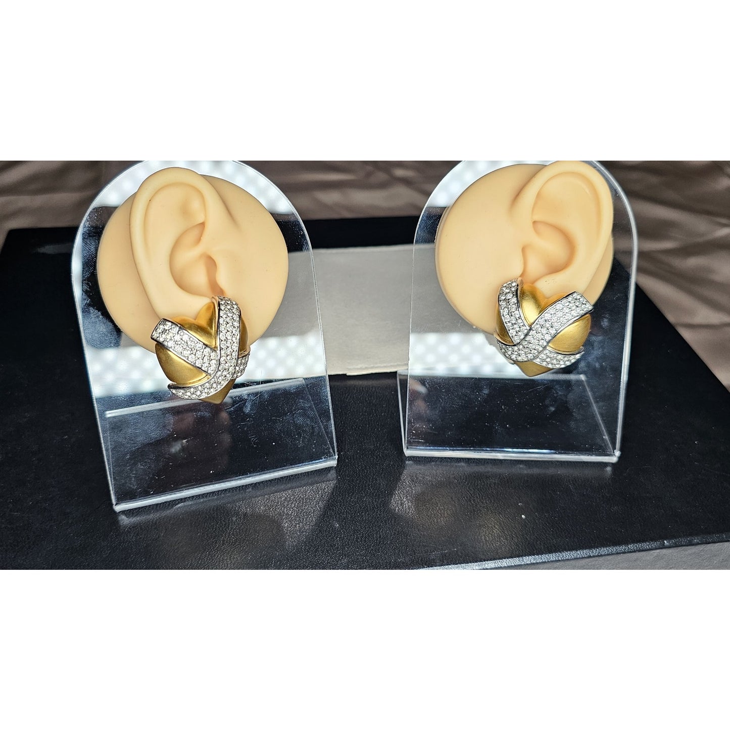 1980s Signed Givenchy Goldtone Pavé Clear Rhinestone X Heart Clip-on Earrings