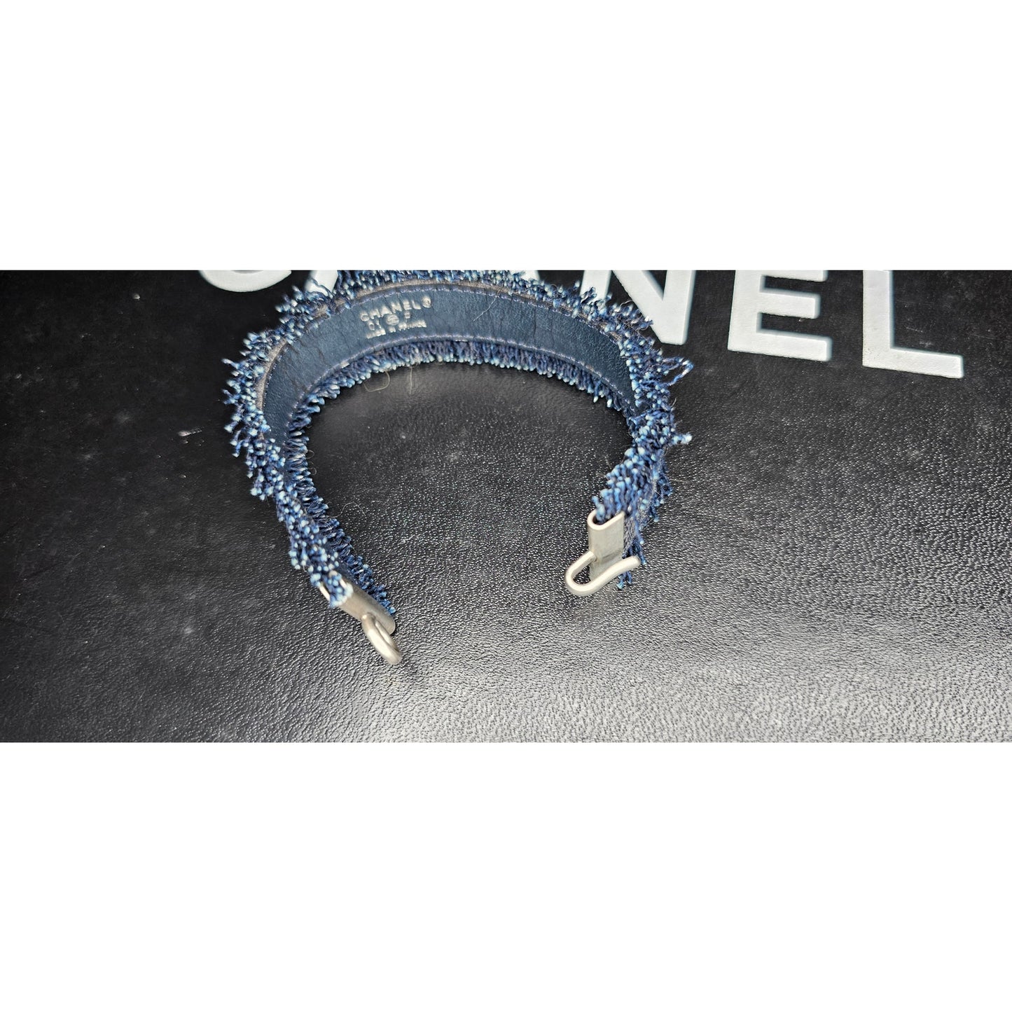 Vintage CHANEL Logo Letter Denim Bangle Bracelet Navy/Silver