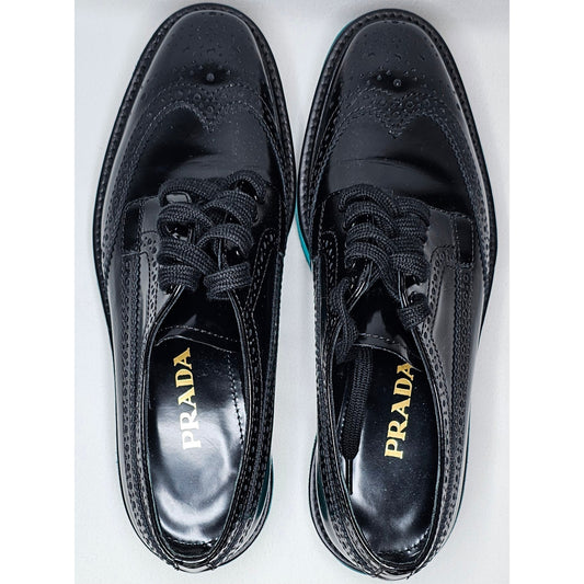 Authentic Prada Black Leather Lasercut Accents Oxford Platform Shoes Size 35.5