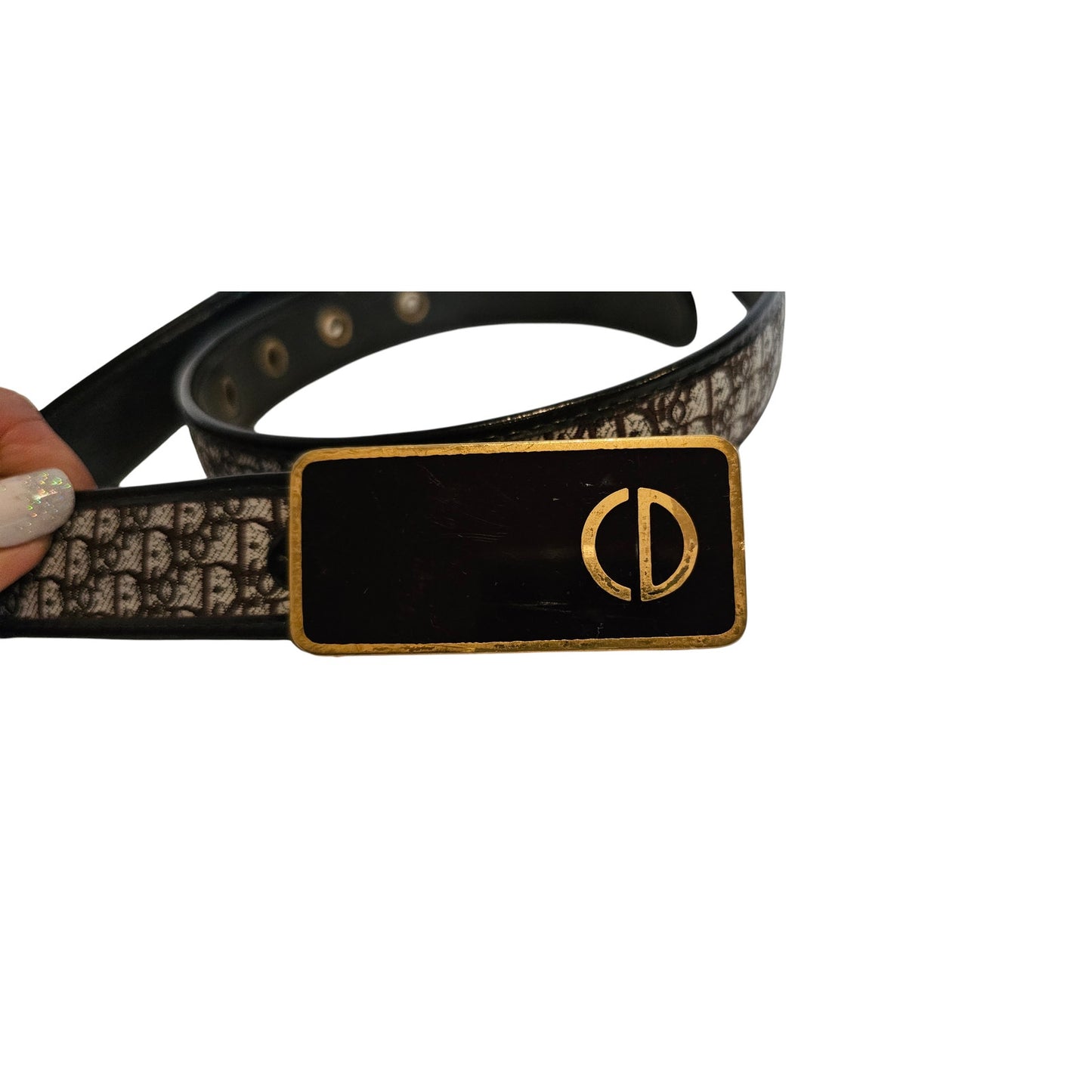 Christian Dior Vintage Women's Belt in Brown Leather/Canvas with a gold-tone CD buckle.