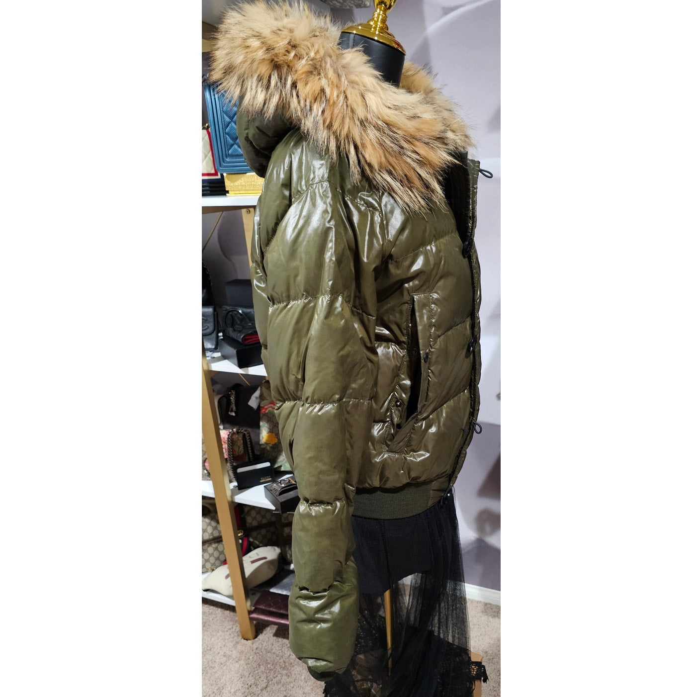 Moncler Down Hooded Jacket with Genuine Fur Olive Green