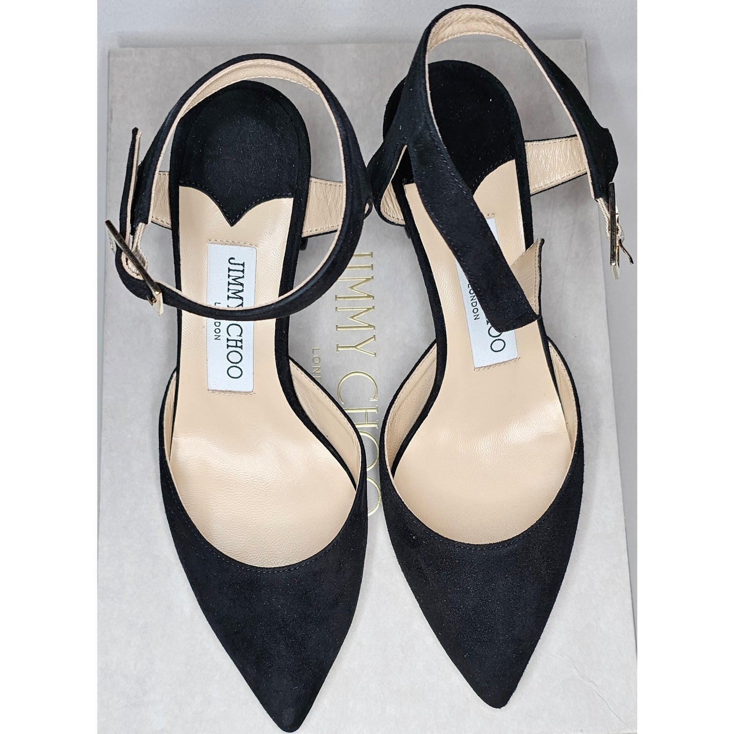 Jimmy Choo Black Suede Block Heels Ankle Strap Pointed Toe Shoes Size 36