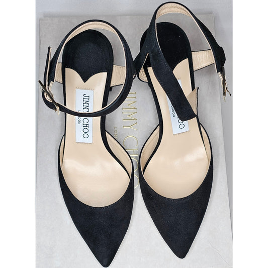Jimmy Choo Black Suede Block Heels Ankle Strap Pointed Toe Shoes Size 36