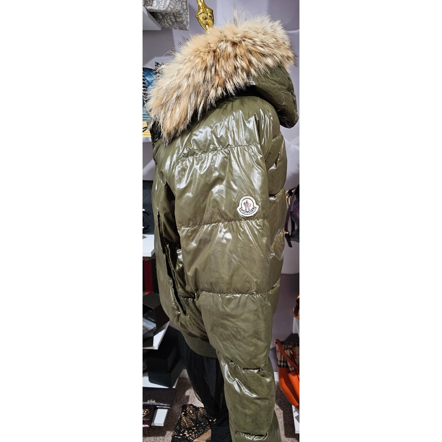 Moncler Down Hooded Jacket with Genuine Fur Olive Green