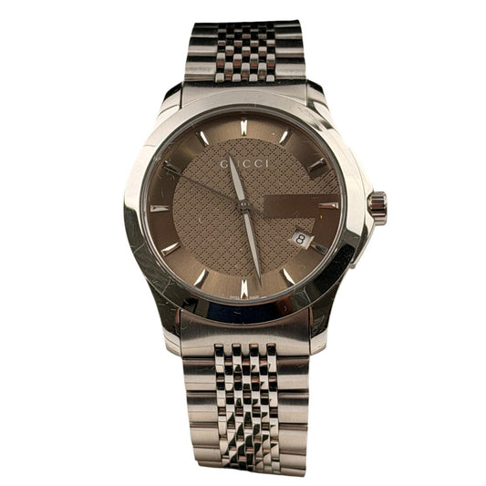 GUCCI G timeless 126.4 Date Gold Dial Silver Metal Band Men's watch Stainless Steel Water Resistant