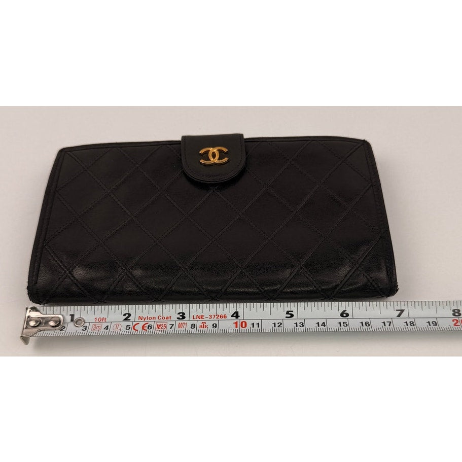 Chanel Black Quilted Lambskin Leather Long French Purse Wallet