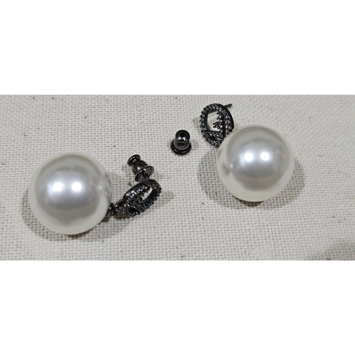 Fendi Gun Metal Rhinestone Pearl Logo Earrings