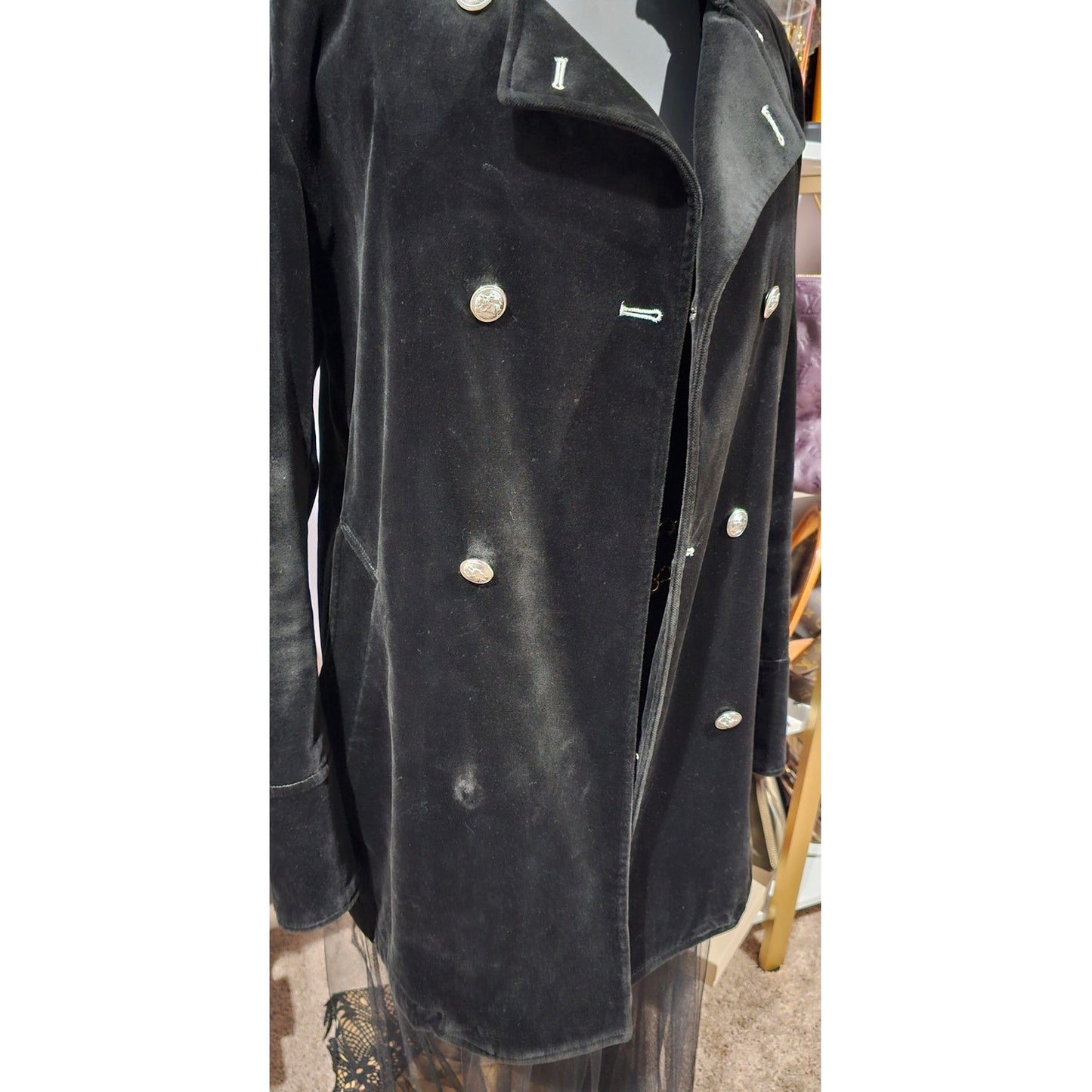 BURBERRY BLACK LABEL Velvet Napoleon Pea Coat Silver Button Men's