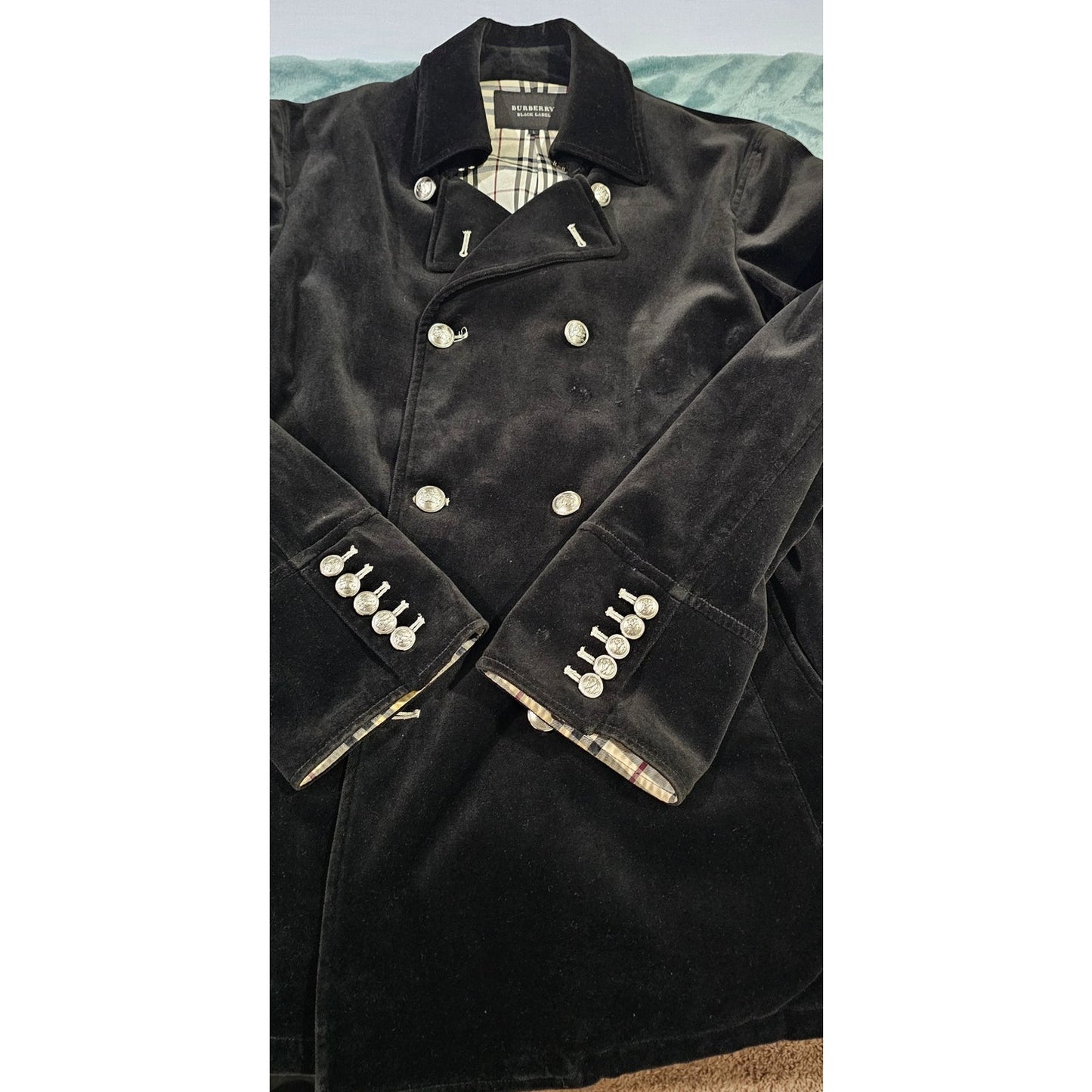 BURBERRY BLACK LABEL Velvet Napoleon Pea Coat Silver Button Men's
