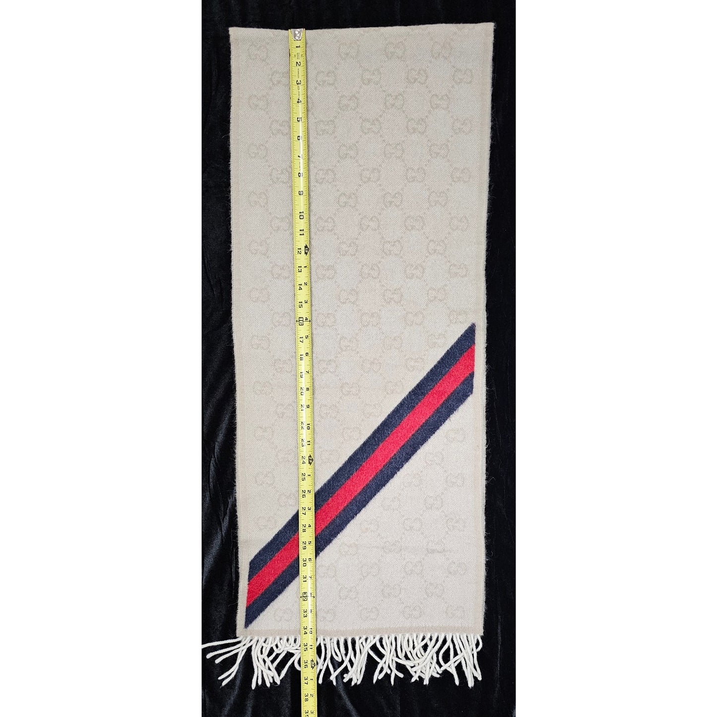 Gucci Muffler Stole Wool GG Pattern Fringe -White/Cream