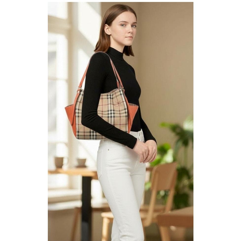Burberry Orange Leather Haymarket Check Coated Canvas Canterbury Tote Bag