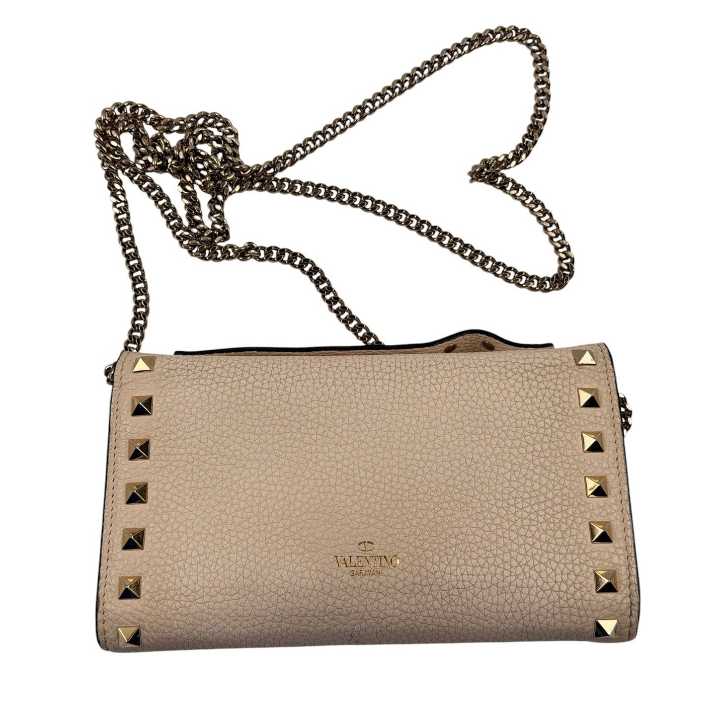 Valentino Garavani Rockstud  leather wallet on chain Ivory