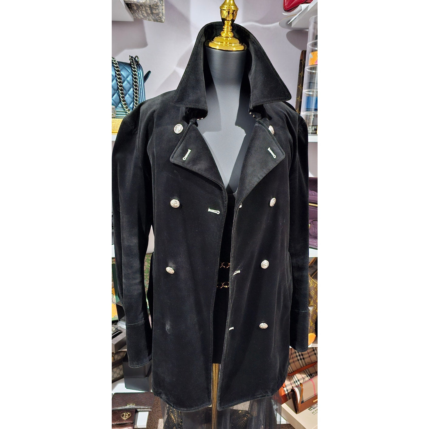 BURBERRY BLACK LABEL Velvet Napoleon Pea Coat Silver Button Men's