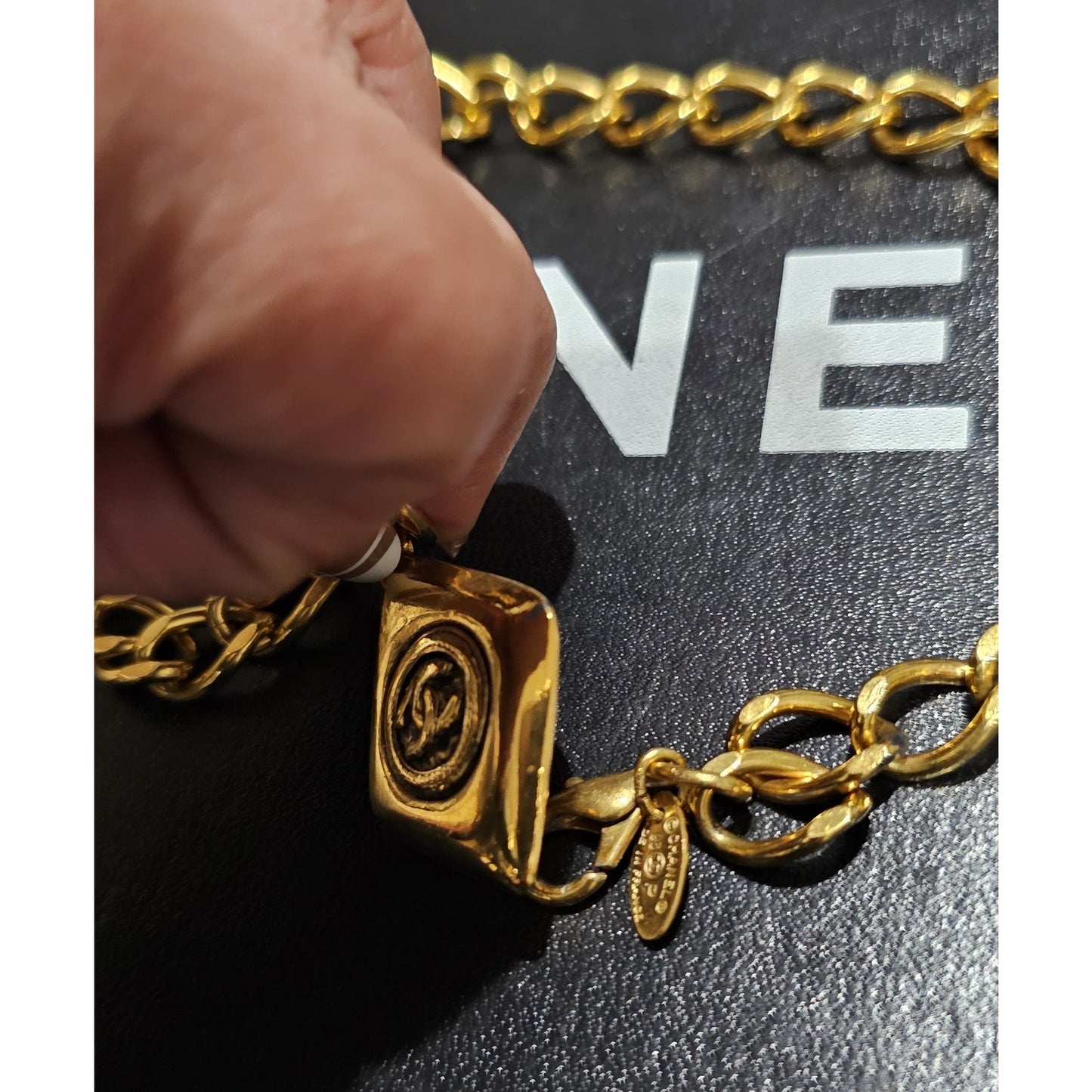 CHANEL CC Vintage 24K Necklace Rhombus Logo Gold 93P