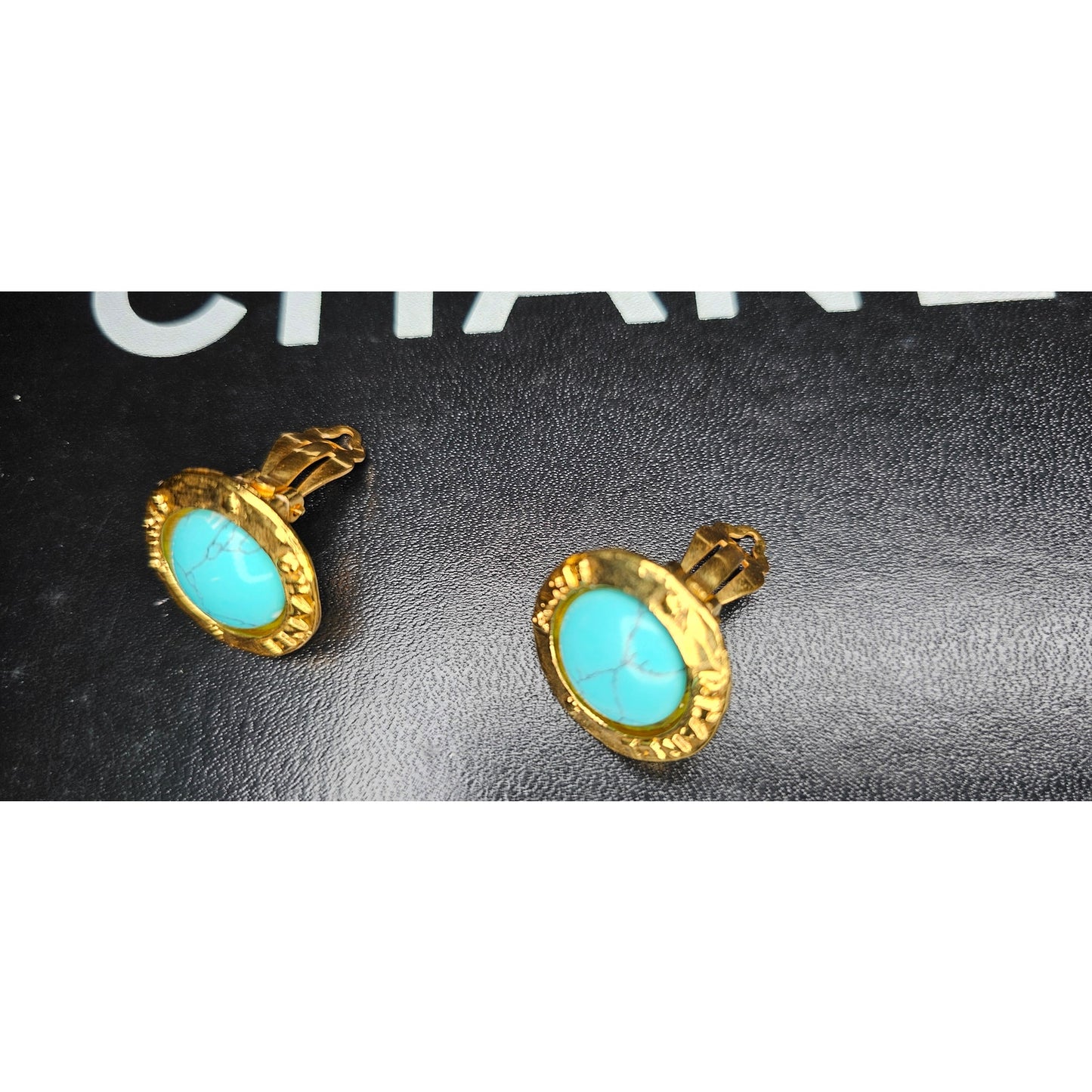 Chanel Collection 28 Turquoise Stone Gold Clip-On Earrings