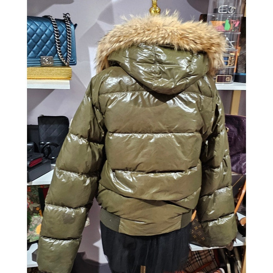 Moncler Down Hooded Jacket with Genuine Fur Olive Green