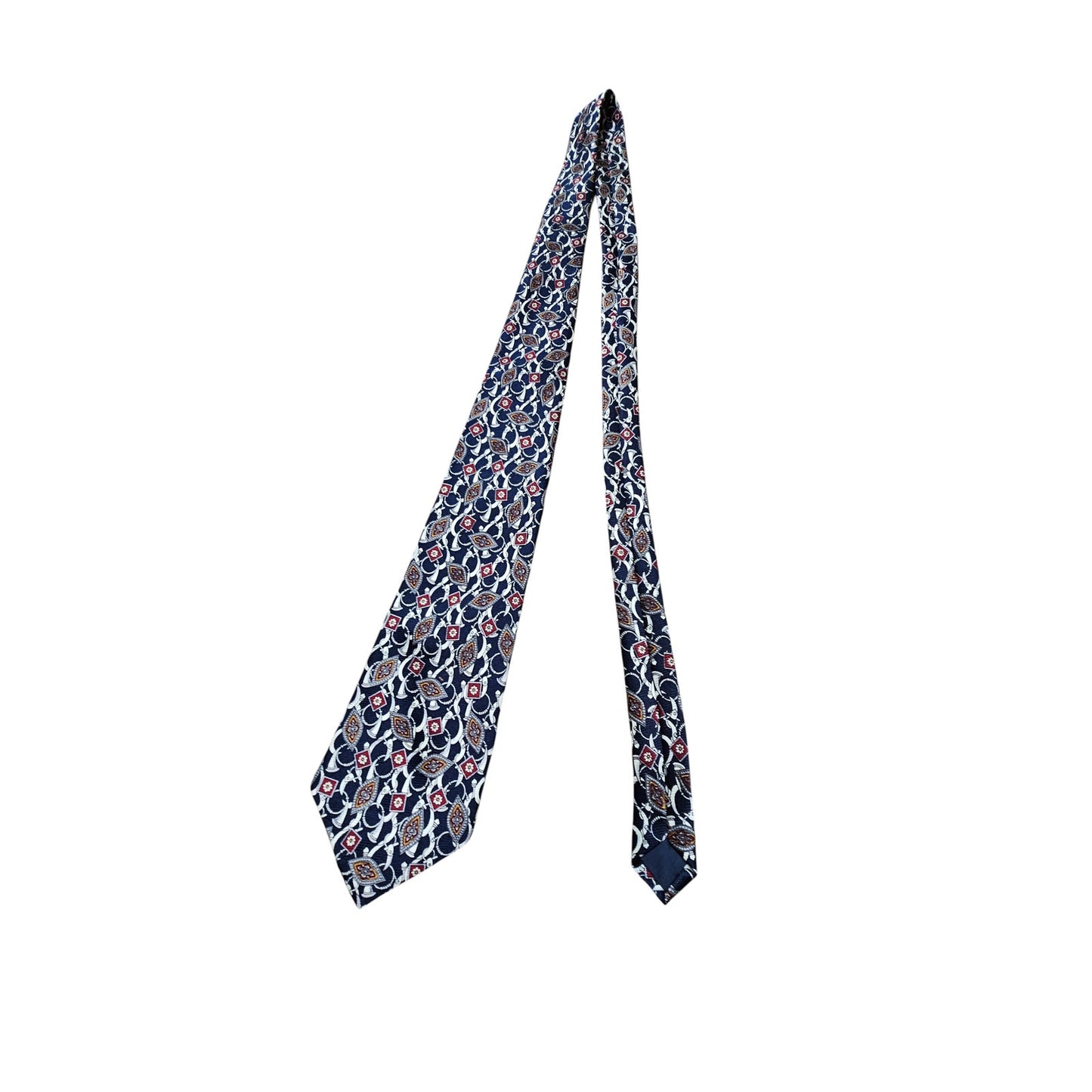 Hermès silk tie with a classic geometric pattern in navy blue, red, and white tones