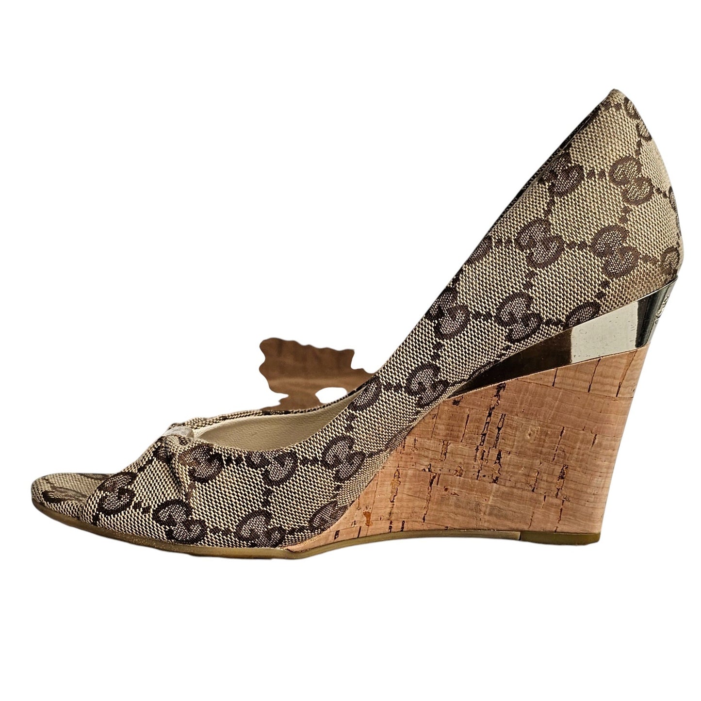 Gucci beige/ebony GG canvas peep-toe Cyprus cork wedge  Size 5B