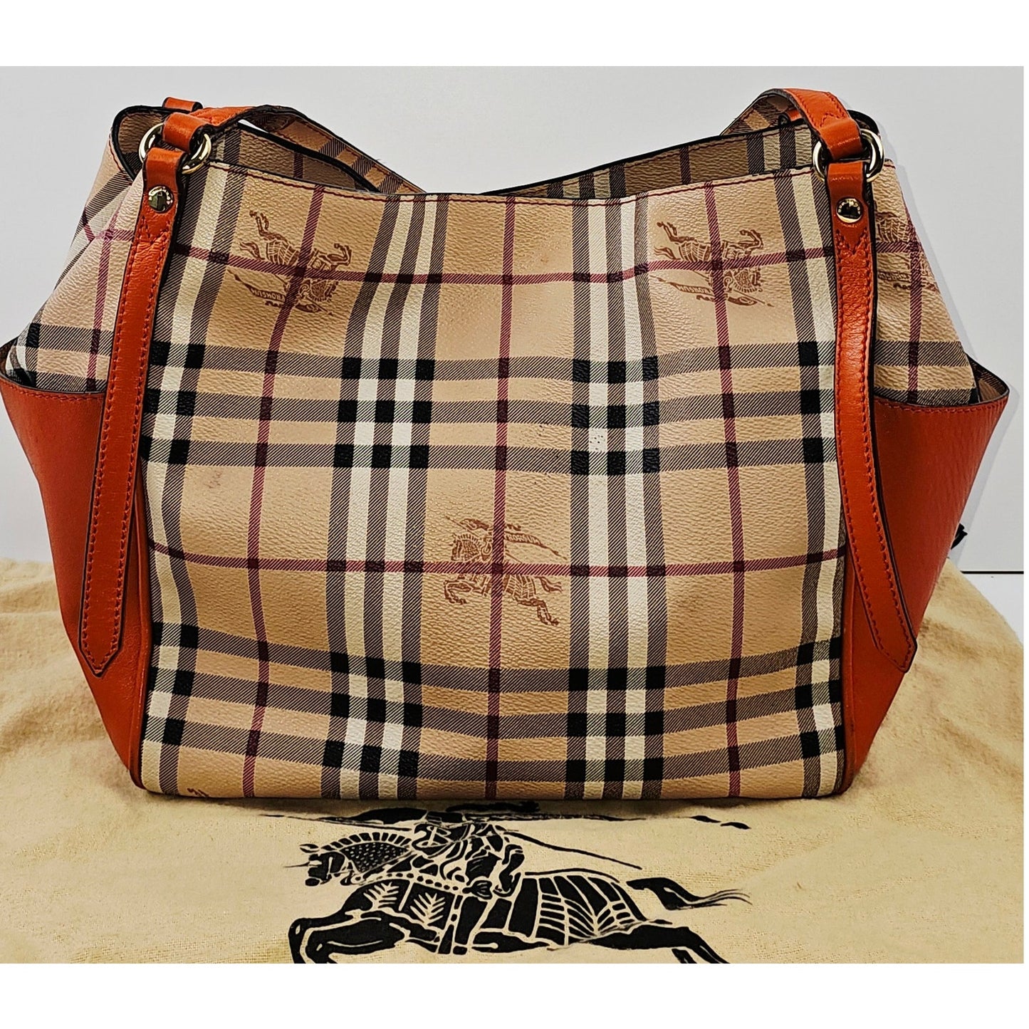 Burberry Orange Leather Haymarket Check Coated Canvas Canterbury Tote Bag