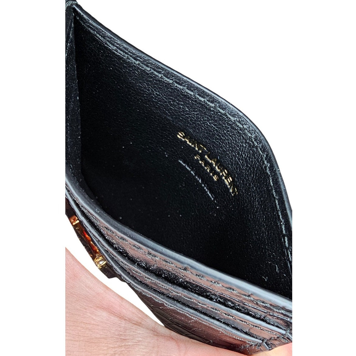 YSL CASSANDRE card case in crocodile-embossed shiny leather