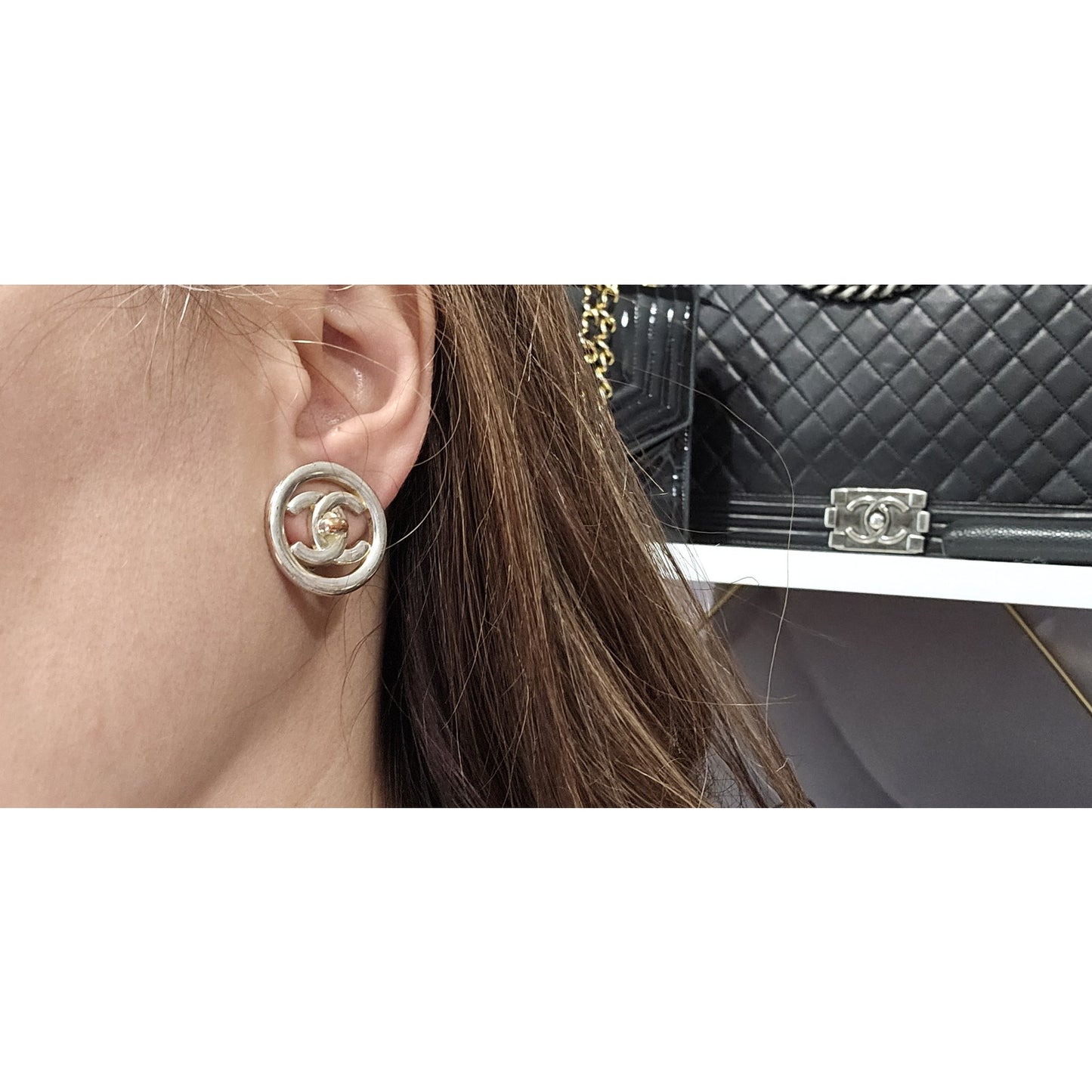 CHANEL CC Logos Turnlock Round Clip-On Earrings Silver Tone 97P