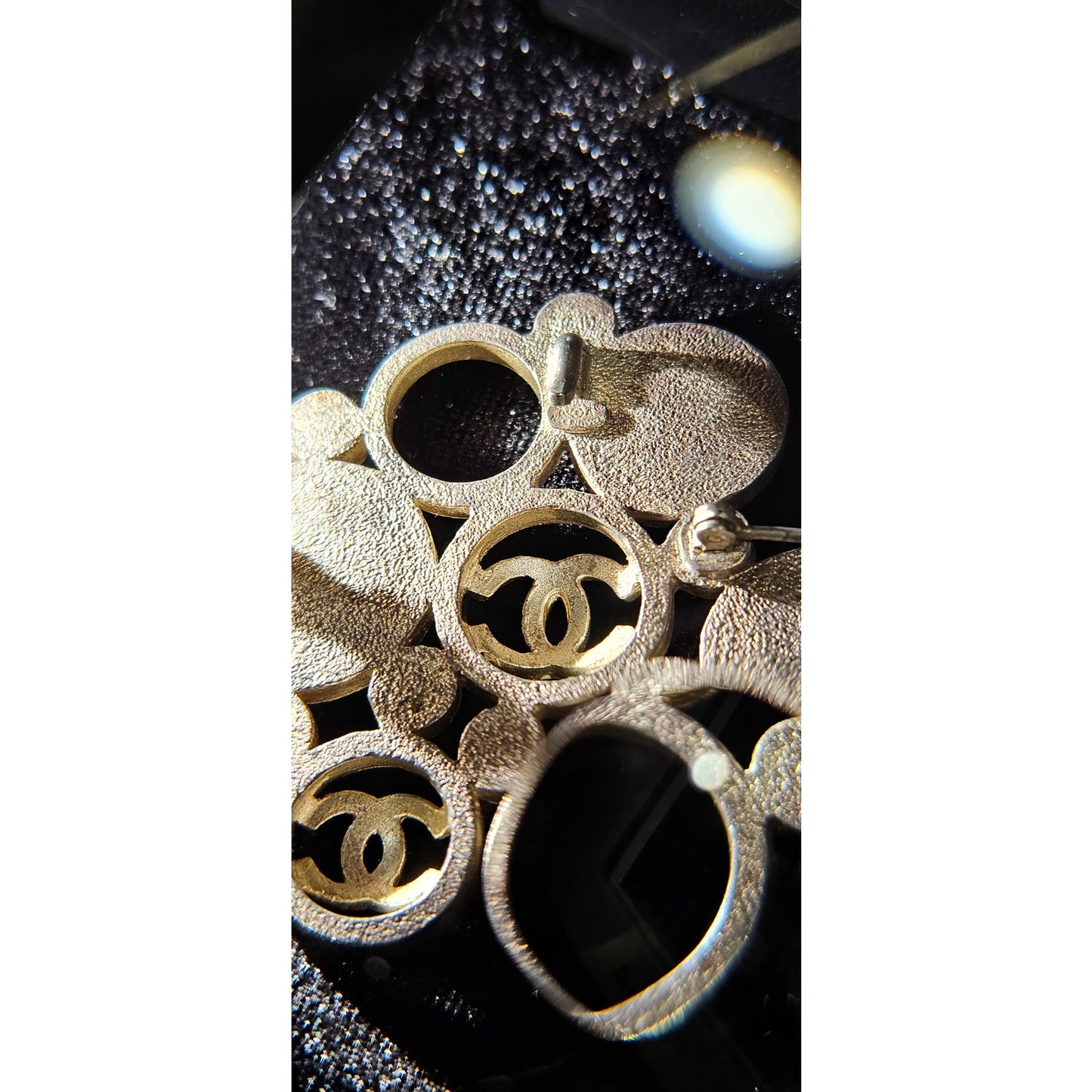 Vintage Chanel Metal Brooch with White Enamel CC Logos and Circular Detail