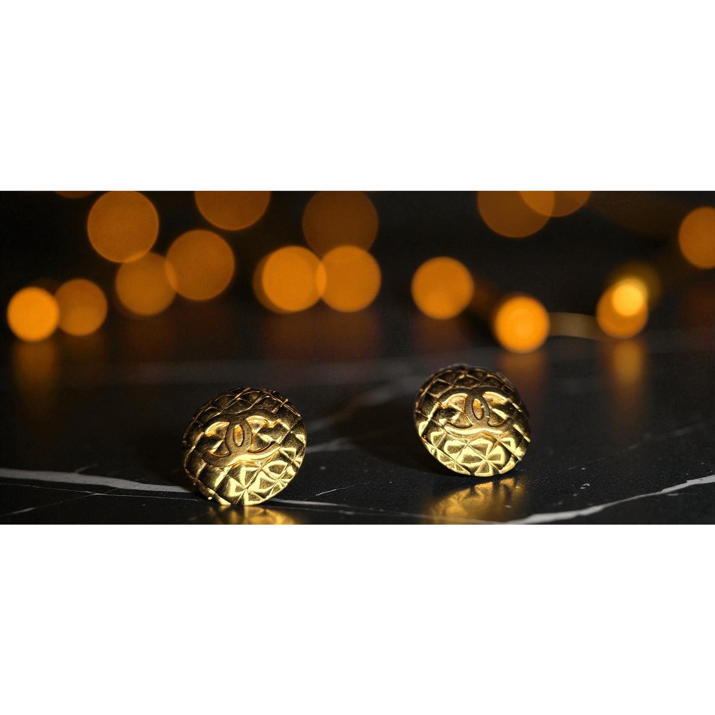 CHANEL Vintage Round Matrasse Coco Large Earrings Gold Quilted