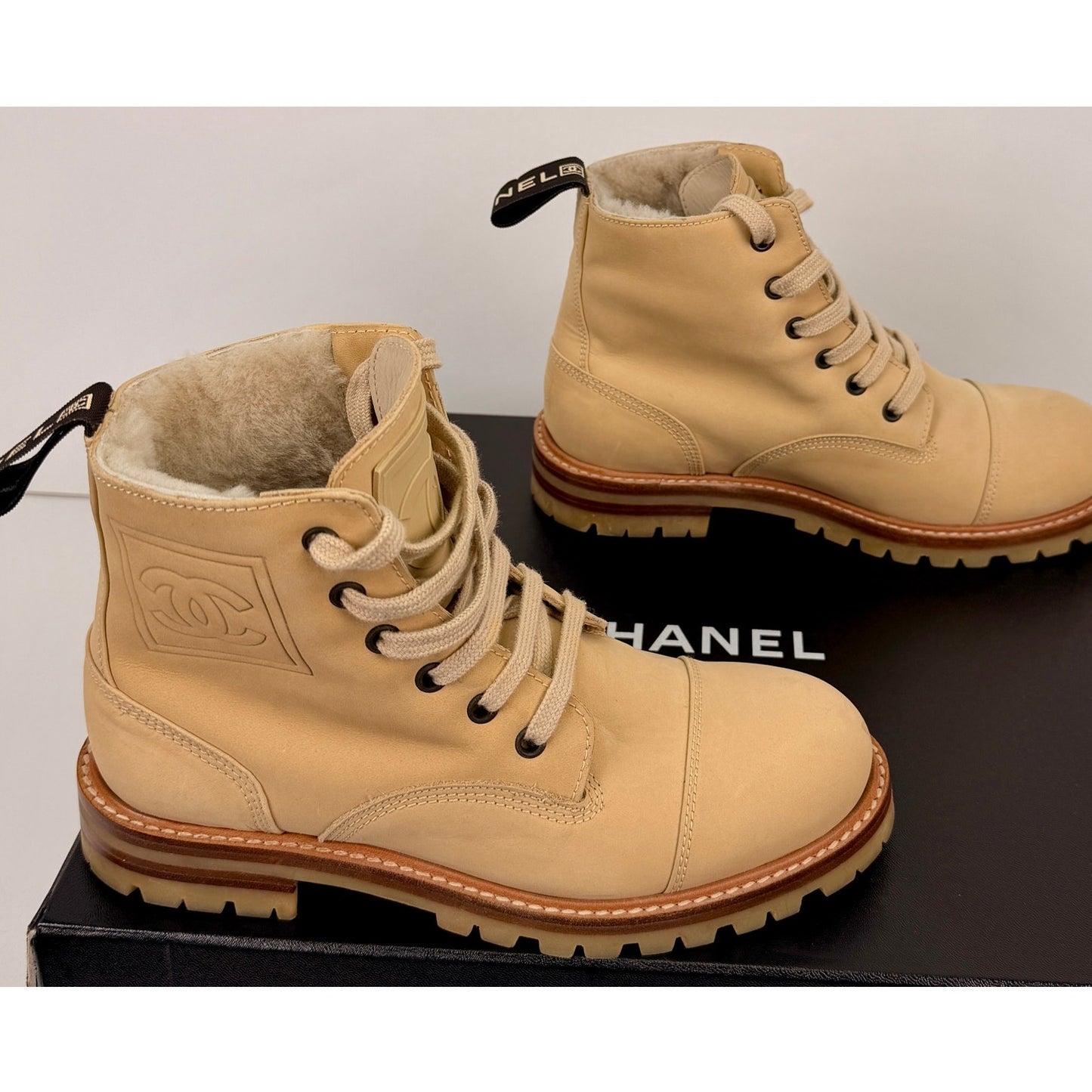 Chanel lace-up ankle boots Beige Sz 36