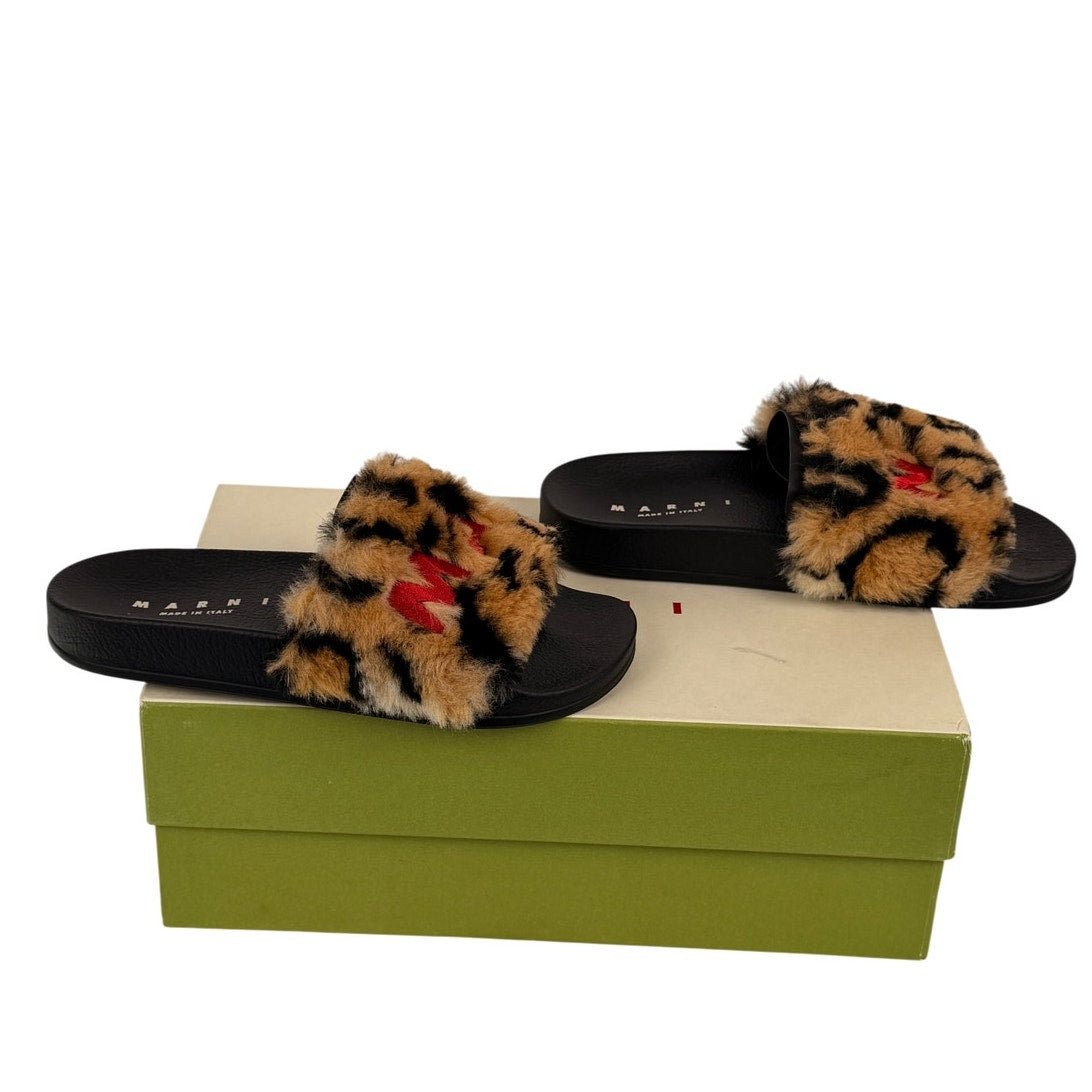 Marni Camel / Black Leopard Faux Fur Embroidered Logo Slide Sandals Brown Sz 36