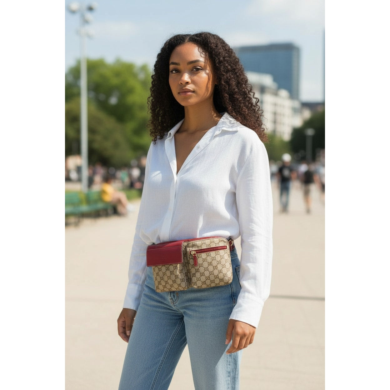 Gucci Pre-Owned GG Canvas & Leather Double Pocket Belt Bag