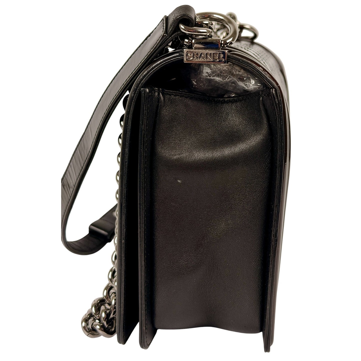Chanel Boy New Medium Flap Bag in a Brown Patent Leather with Silver-Tone Hardware