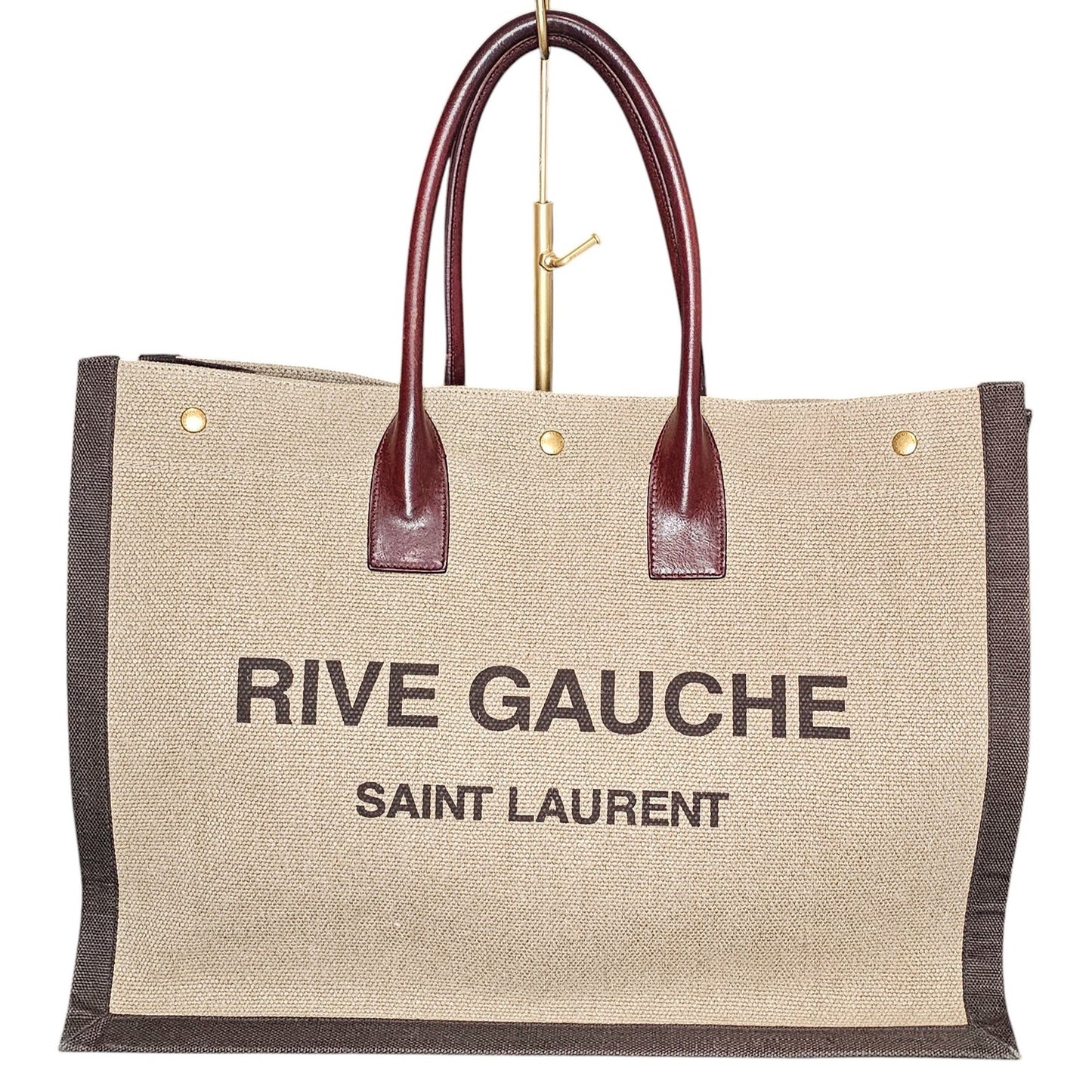 Saint Laurent Rive Gauche tote bag in natural linen and dark brown calfskin leather