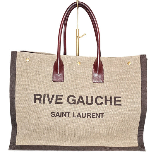 Saint Laurent Rive Gauche tote bag in natural linen and dark brown calfskin leather