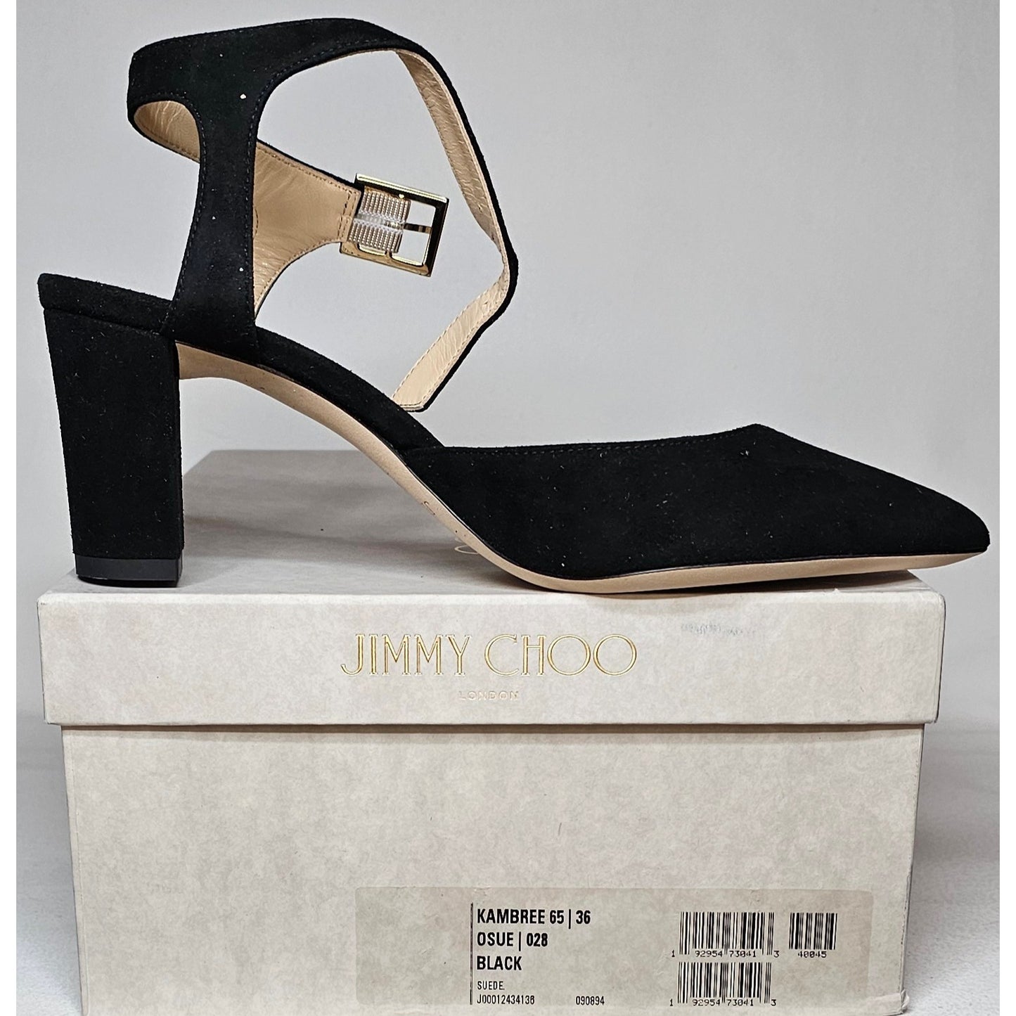 Jimmy Choo Black Suede Block Heels Ankle Strap Pointed Toe Shoes Size 36