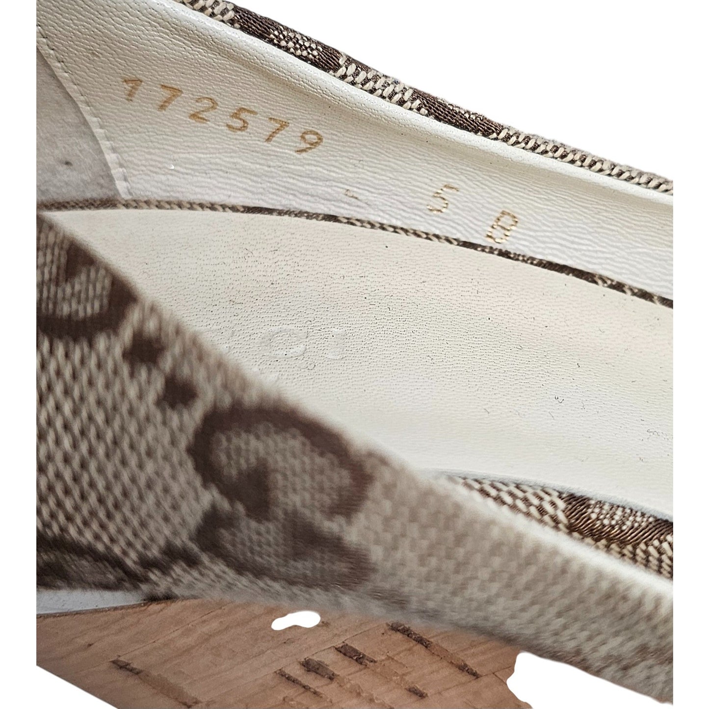 Gucci beige/ebony GG canvas peep-toe Cyprus cork wedge  Size 5B
