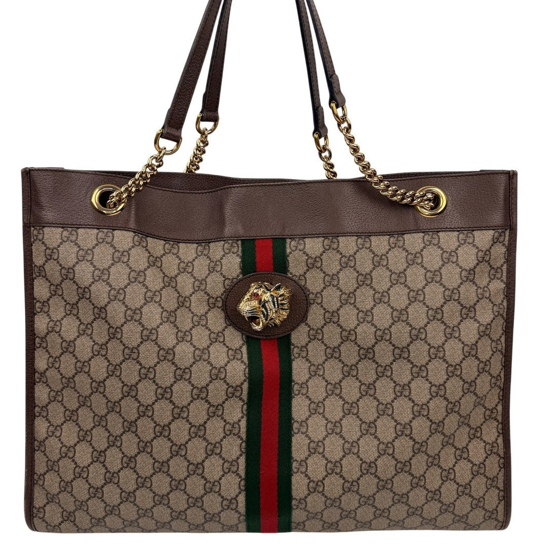 Gucci Rajah Large Tote Bag in GG Supreme canvas, featuring a tiger head detail and chain straps