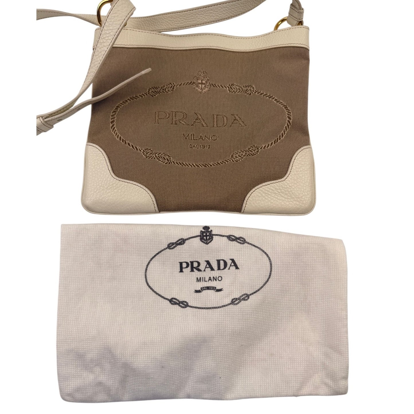 PRADA Canapa Leather Jacquard Crossbody Bag Beige White