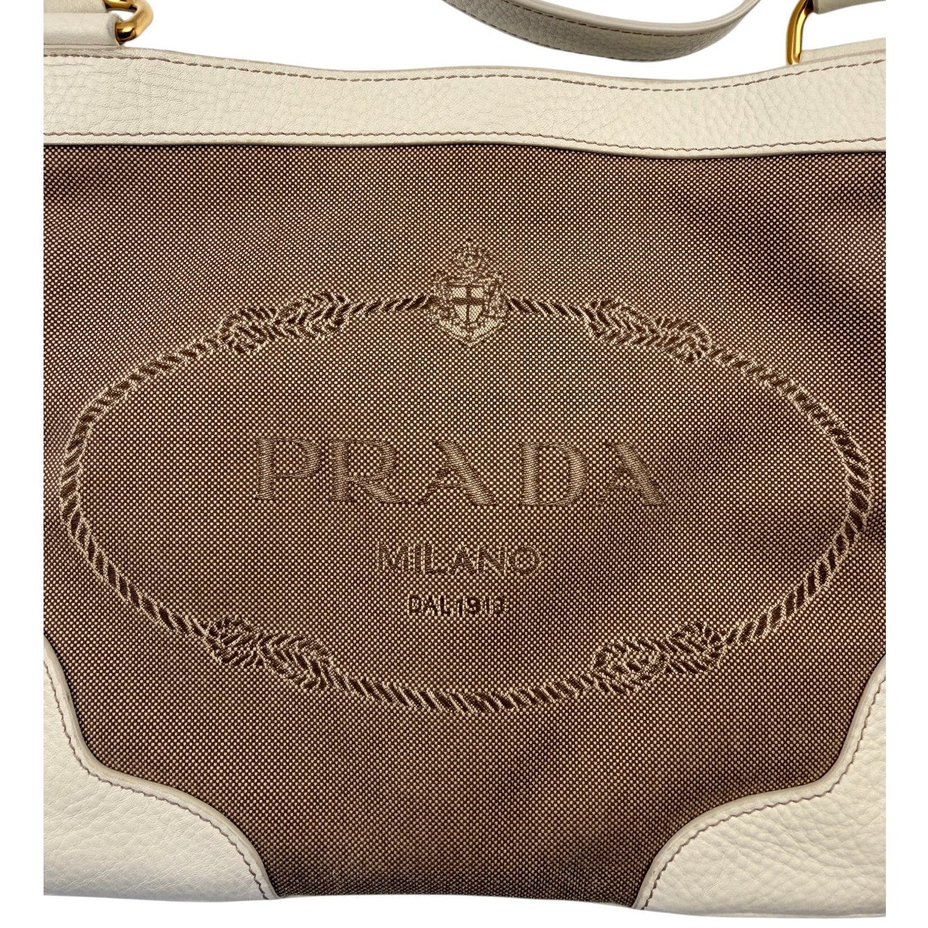 PRADA Canapa Leather Jacquard Crossbody Bag Beige White