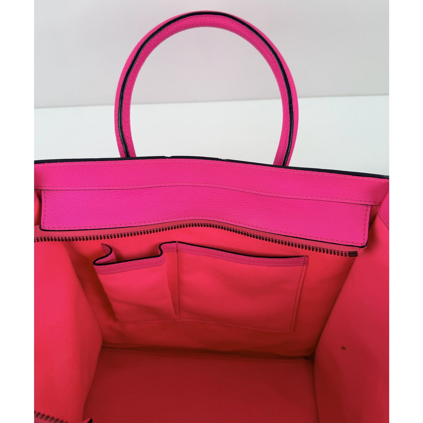 Celine Fluo Pink Drummed Leather Mini Luggage Tote Bag