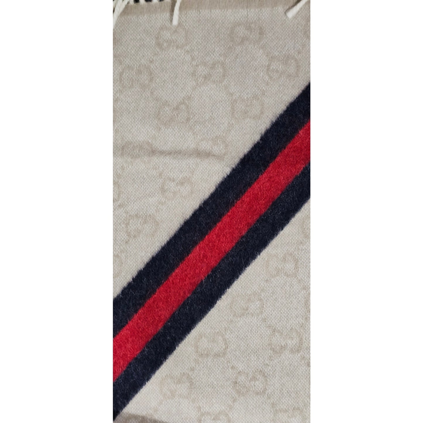 Gucci Muffler Stole Wool GG Pattern Fringe -White/Cream