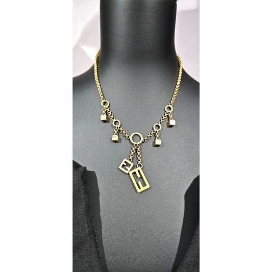 FENDI Necklace FF Pendant Gold Made in Italy Lobster Clasp Length: 16.5 in