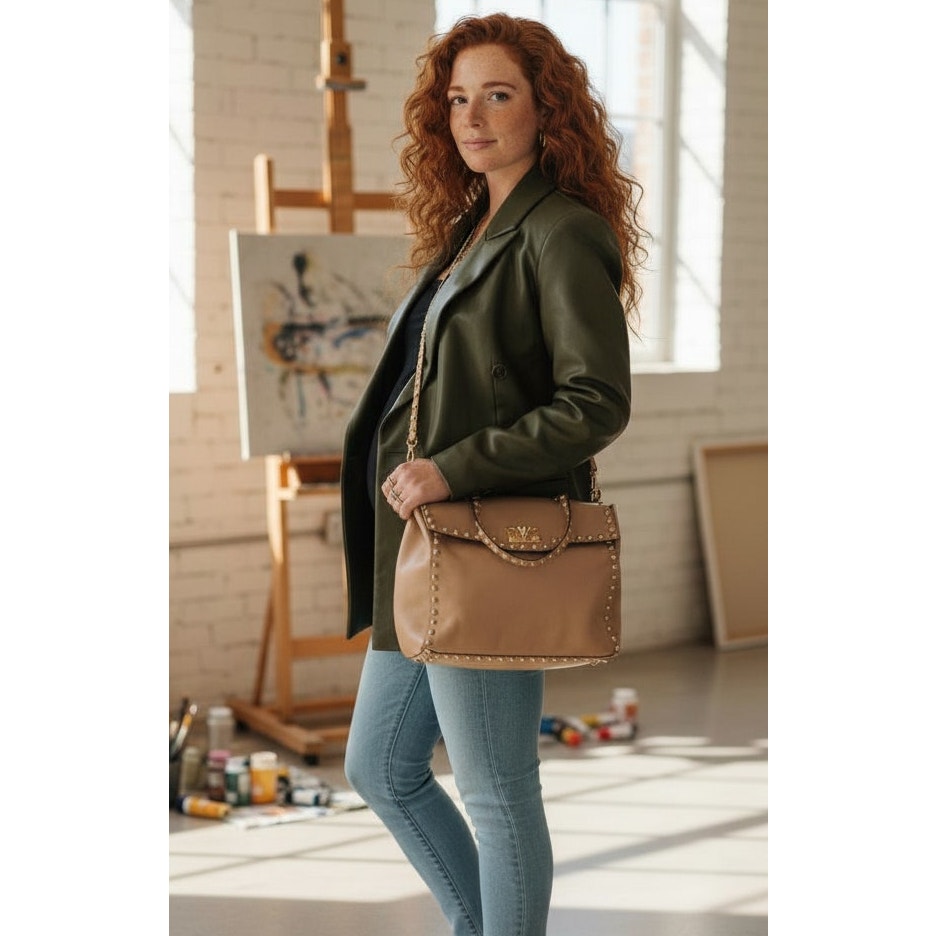 Valentino Taupe Leather Rockstud Crossbody Bag