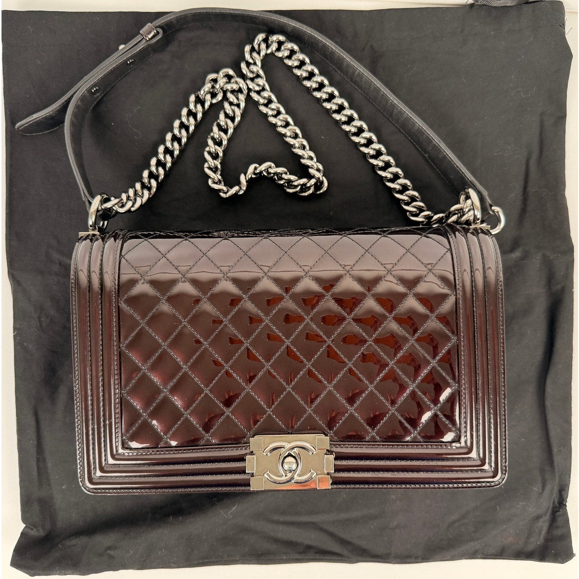 Chanel Boy New Medium Flap Bag in a Brown Patent Leather with Silver-Tone Hardware