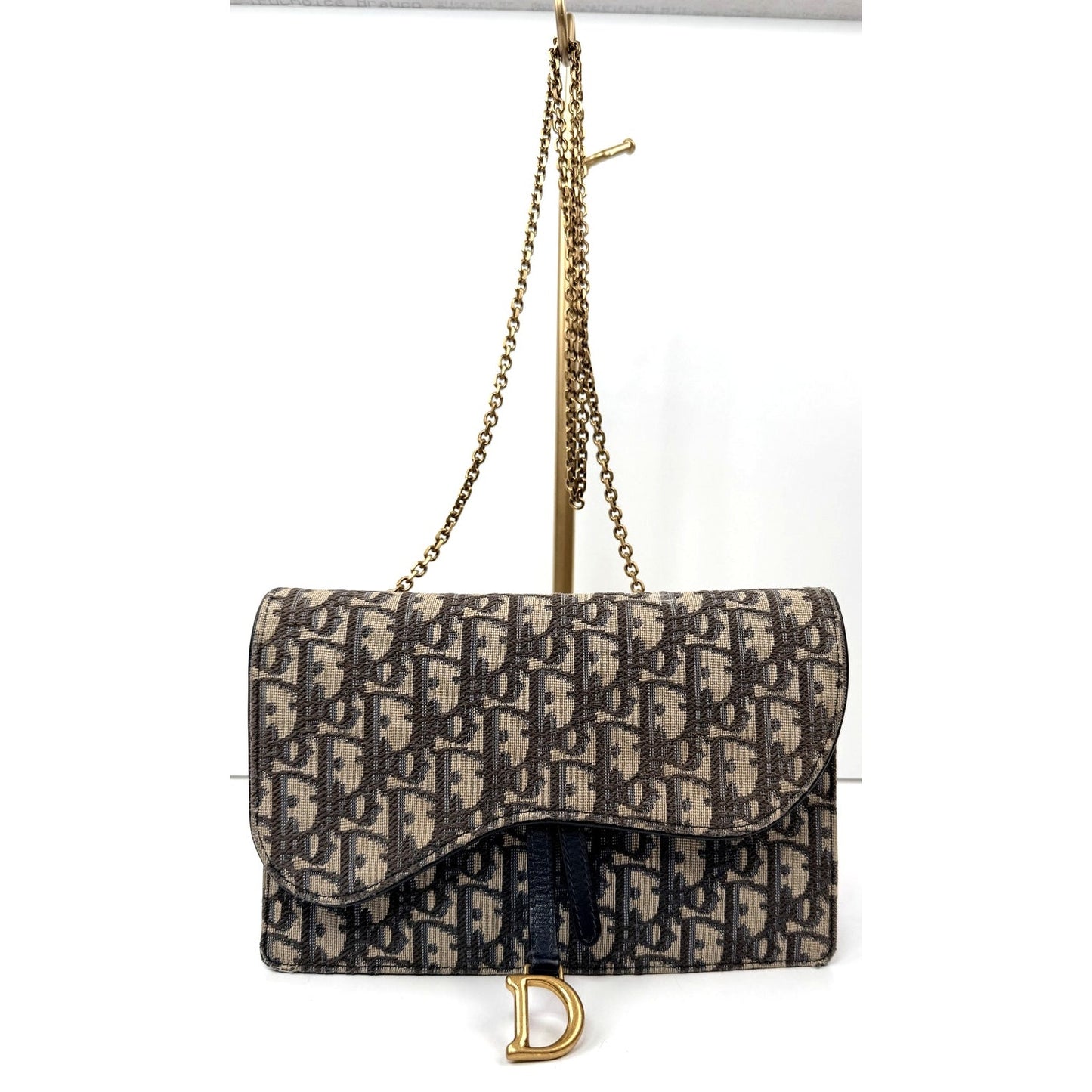 Christian Dior Medium Saddle Pouch with Chain in Blue Dior Oblique Jacquard