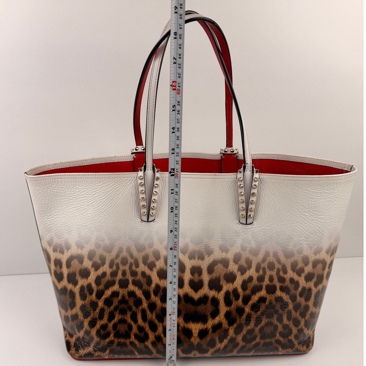 Christian Louboutin Calfskin Degrade Leopard Print Spikes East West Cabata Tote White Multi