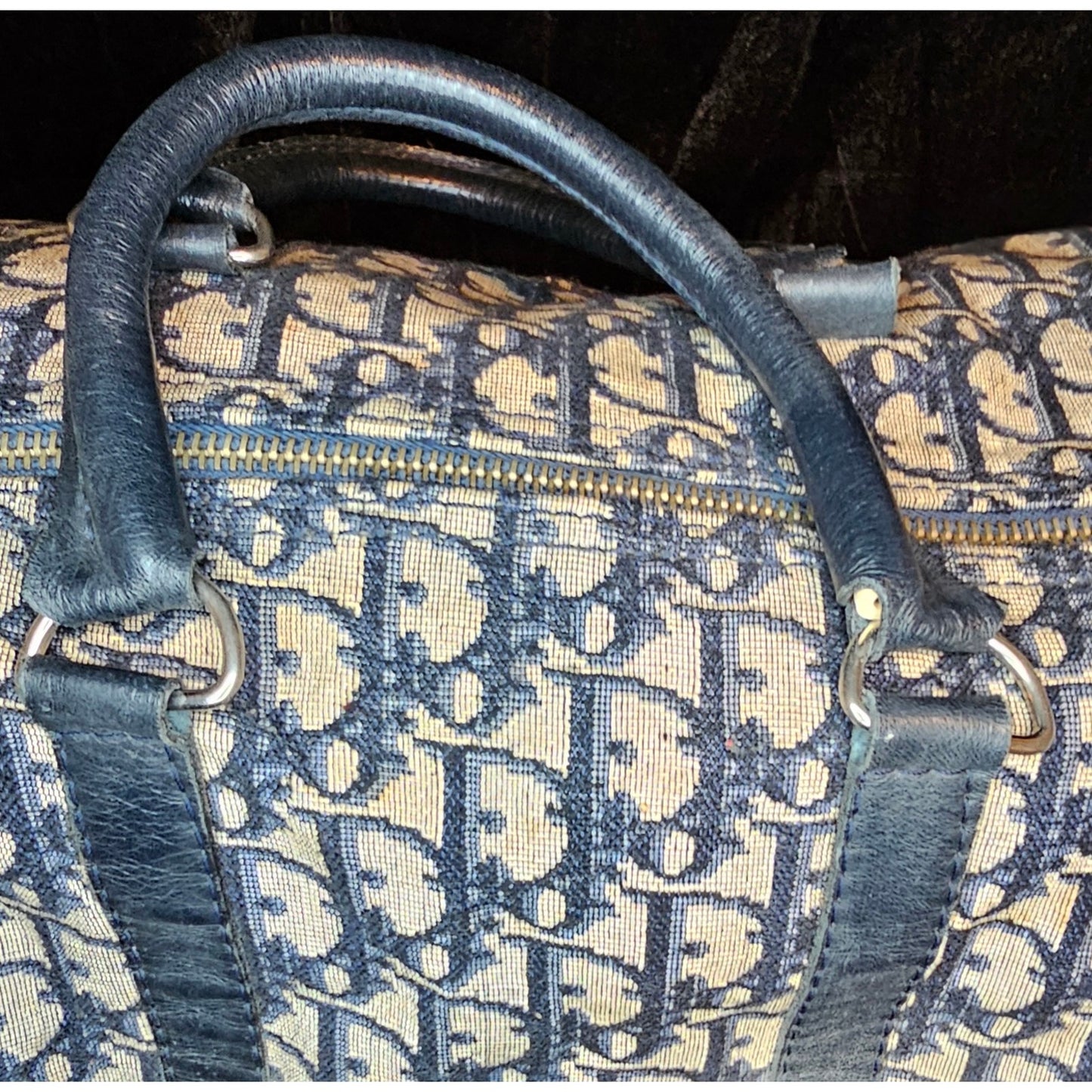 Christian Dior Vintage  Trotter Boston bag in navy blue canvas with leather trim