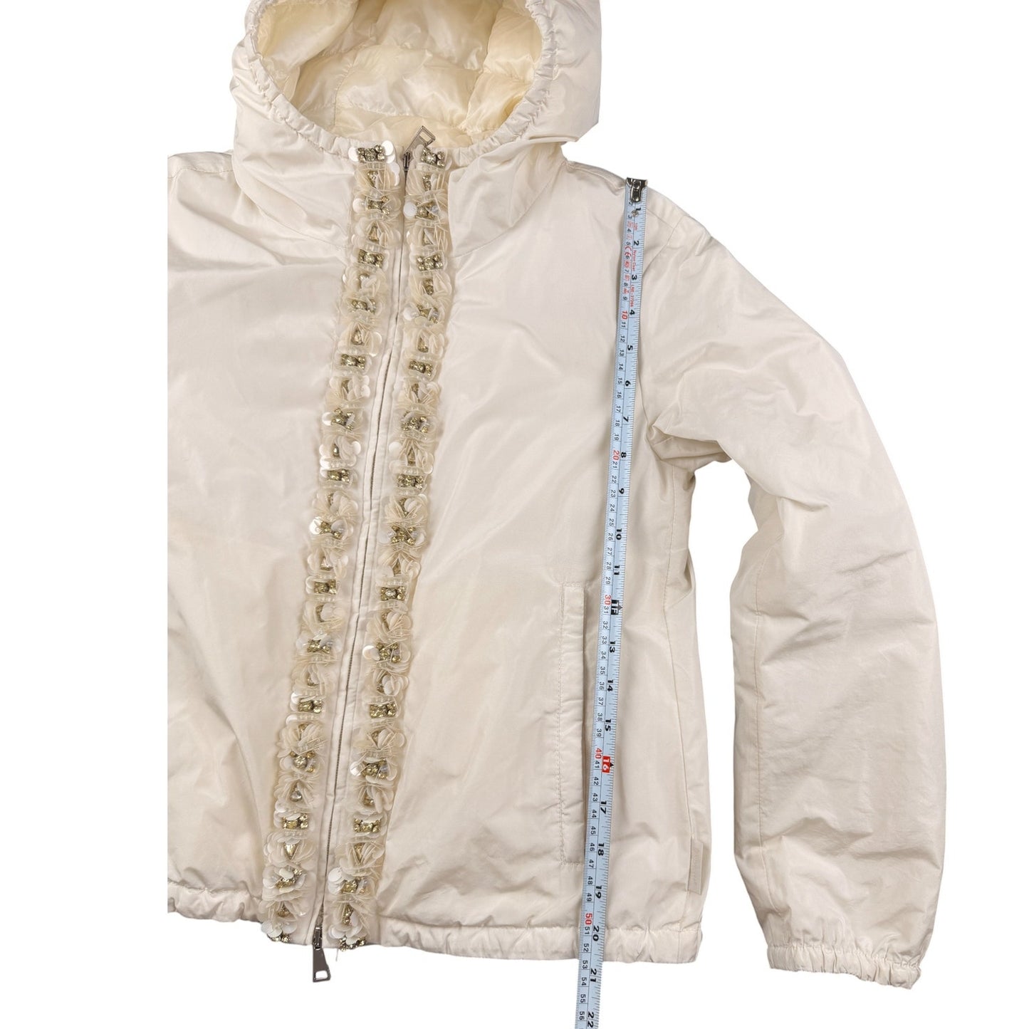 Moncler Argent Floral Rhinestone Polyester Down Jacket, Ivory S/M